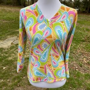 DANIEL BISHOP SWEATER V-NECK CASHMERE WHITE BLUE PINK GOLD PAISLEY Size M
